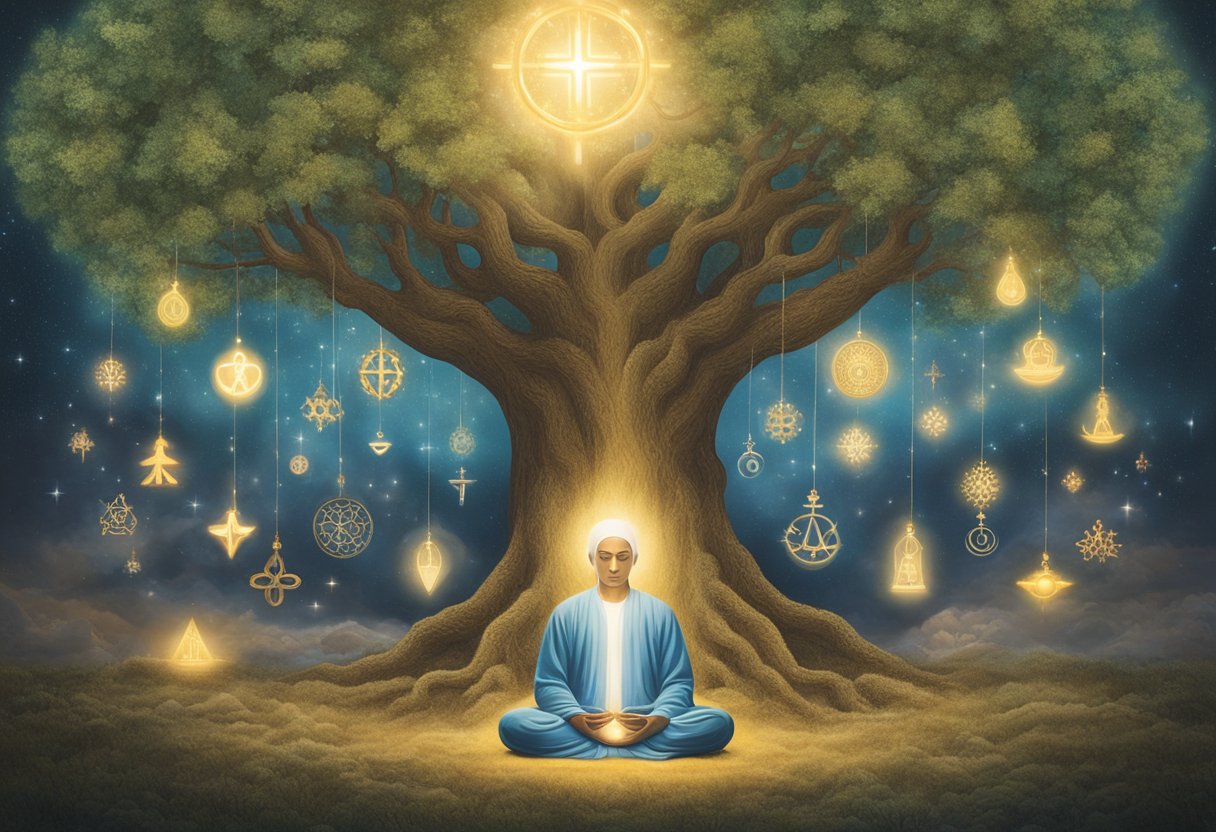 A figure meditates under a tree, surrounded by symbols of various religions. A beam of light shines down, representing spiritual growth and resilience in the face of cancer