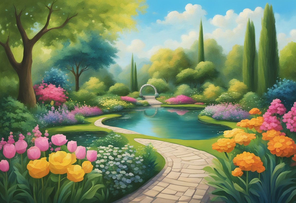 A serene garden with a winding path leading to a peaceful pond, surrounded by vibrant flowers and lush greenery, symbolizing mental and physical well-being connections and spiritual growth for a cancer thriver