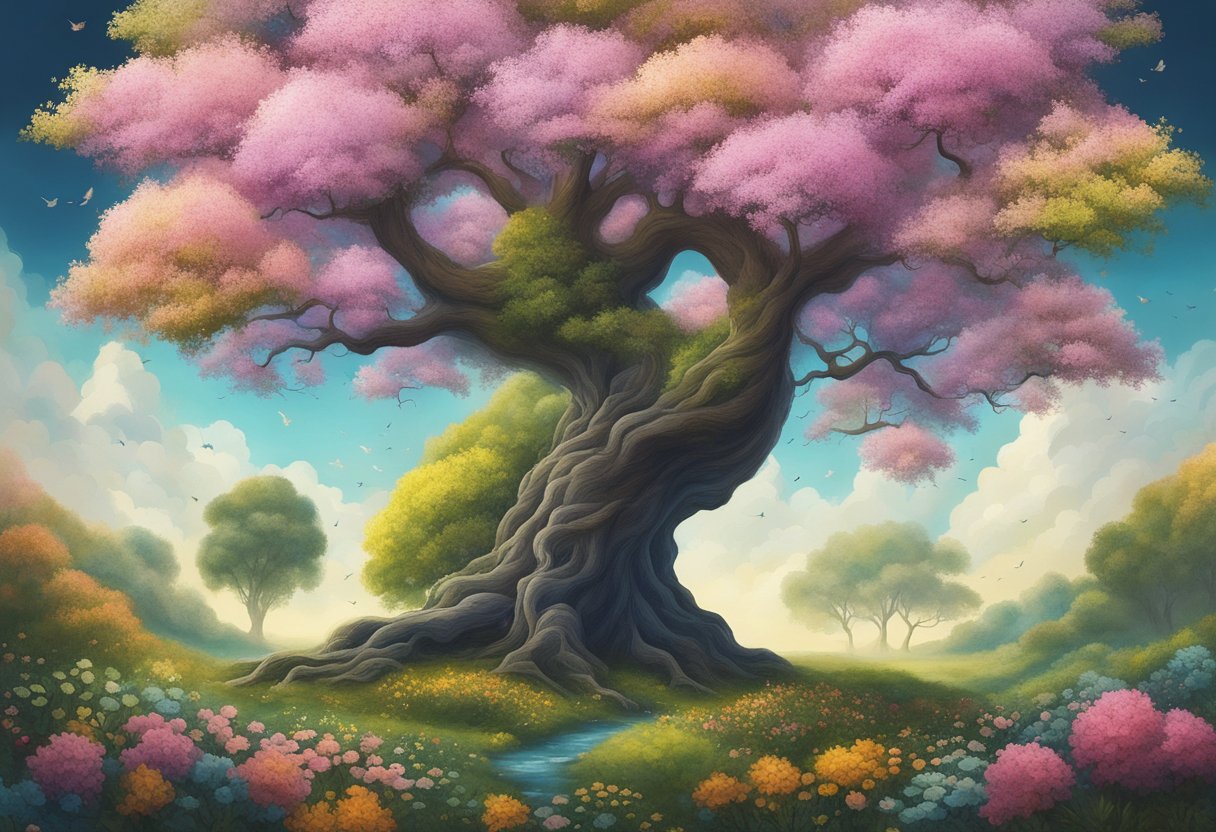 A tree growing tall and strong, surrounded by blooming flowers and vibrant greenery, symbolizing spiritual growth and resilience in the face of adversity