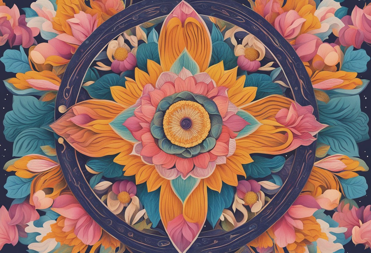 A group of diverse symbols representing spirituality surround a vibrant, blooming flower, symbolizing resilience and growth in the face of cancer