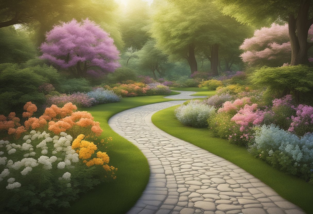 A serene garden with blooming flowers and a winding path leading to a peaceful, secluded area for meditation and reflection