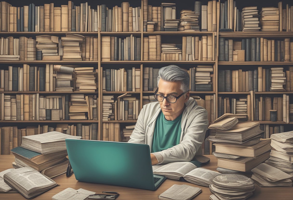 A person researching treatment options, surrounded by books, computer, and medical documents, seeking to reinvent themselves as a cancer thriver
