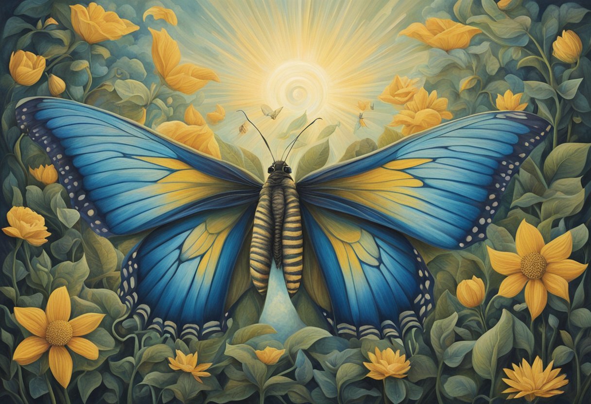 A figure stands tall, surrounded by symbols of growth and transformation. A butterfly emerges from a cocoon, representing the reinvention of self. Rays of light symbolize hope and resilience