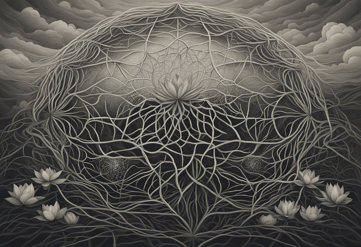 A blooming lotus emerging from a dark, tangled web of roots