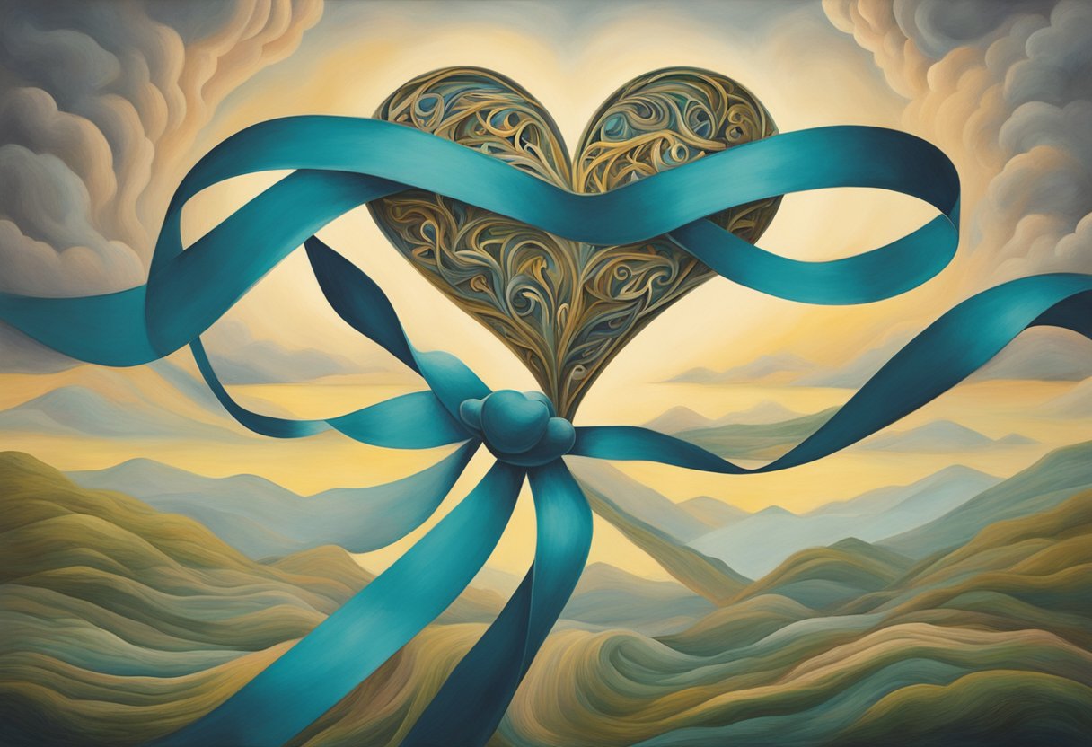 A ribbon of hope intertwines with a heart, symbolizing compassion and strength in the fight against cancer