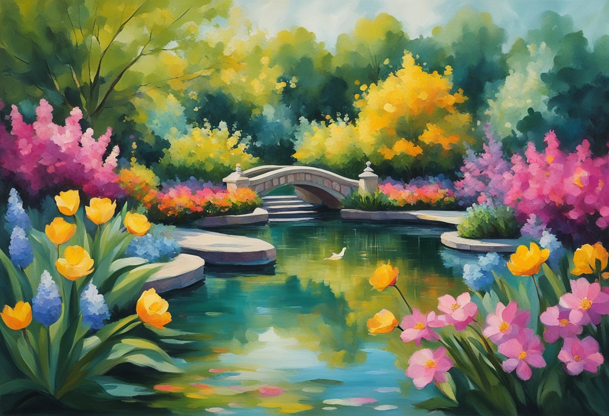 A vibrant garden with blooming flowers and a tranquil pond, symbolizing self-acceptance and emotional well-being for a cancer survivor