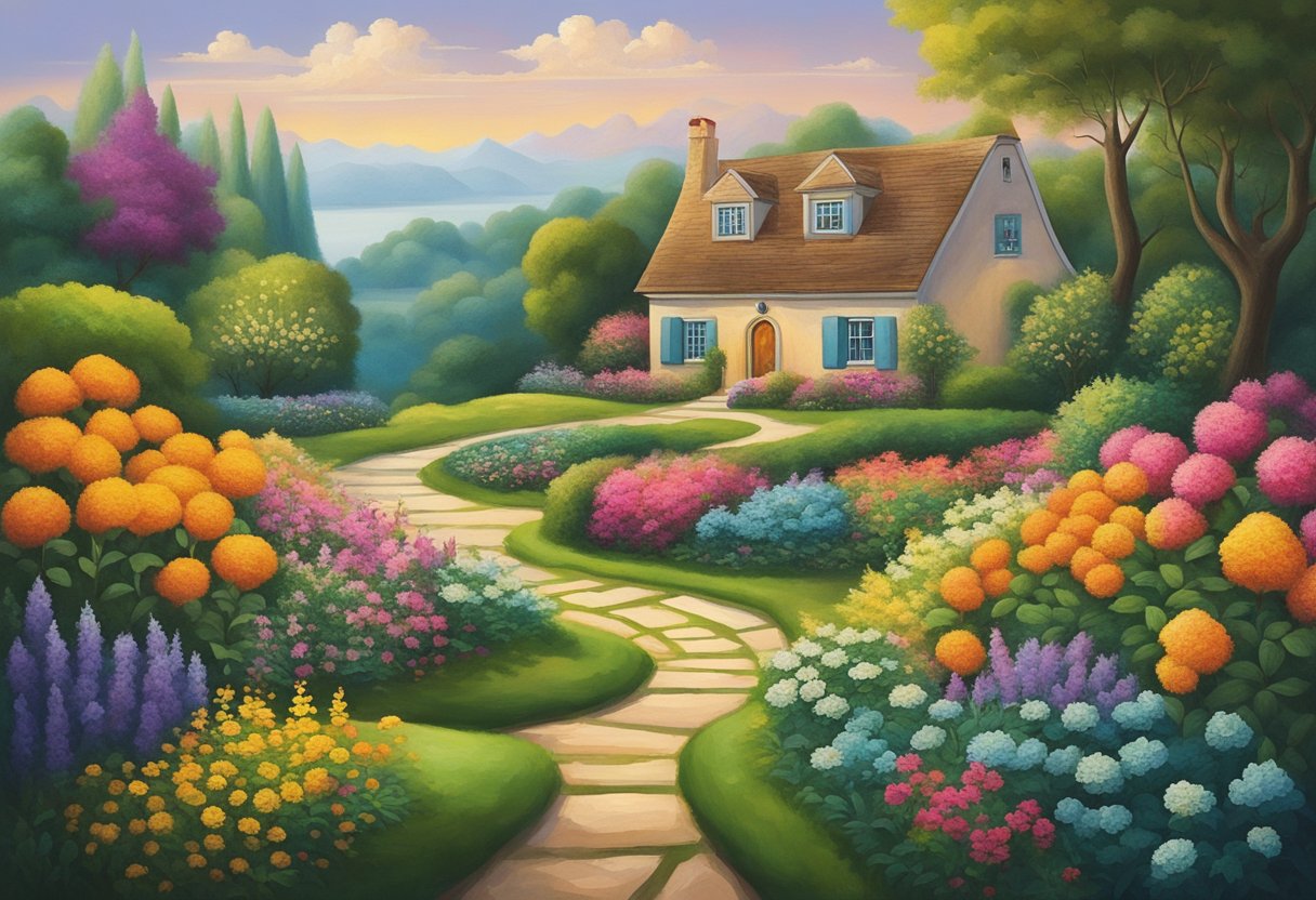 A serene landscape with a winding path leading towards a warm, welcoming home, surrounded by vibrant flowers and lush greenery