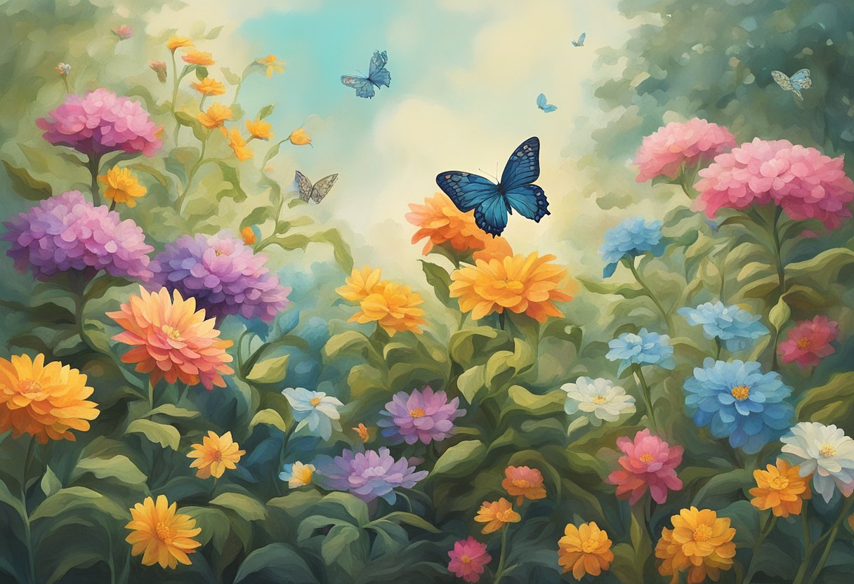 A serene garden with blooming flowers and a butterfly resting on a vibrant plant, symbolizing hope and resilience