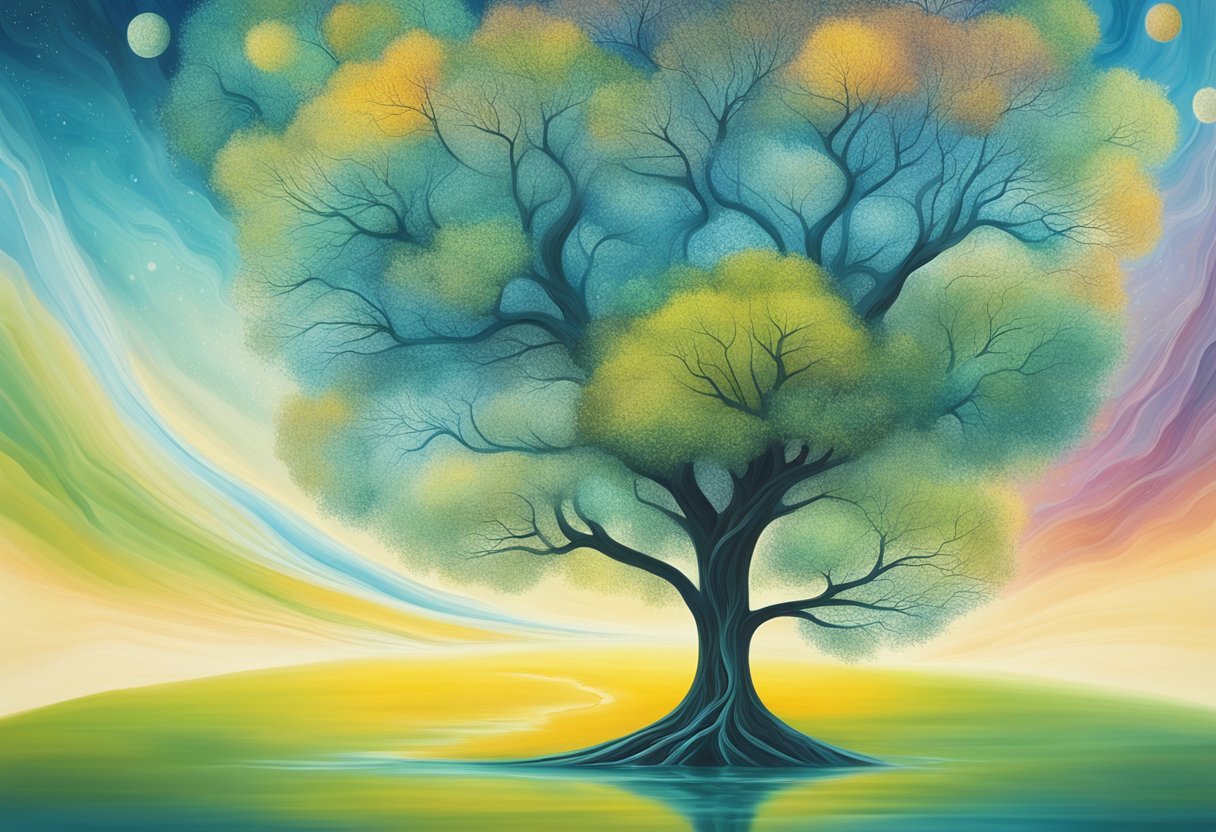 A serene landscape with a vibrant tree symbolizing life and growth, surrounded by gentle flowing water, representing the journey of prevention and survivorship