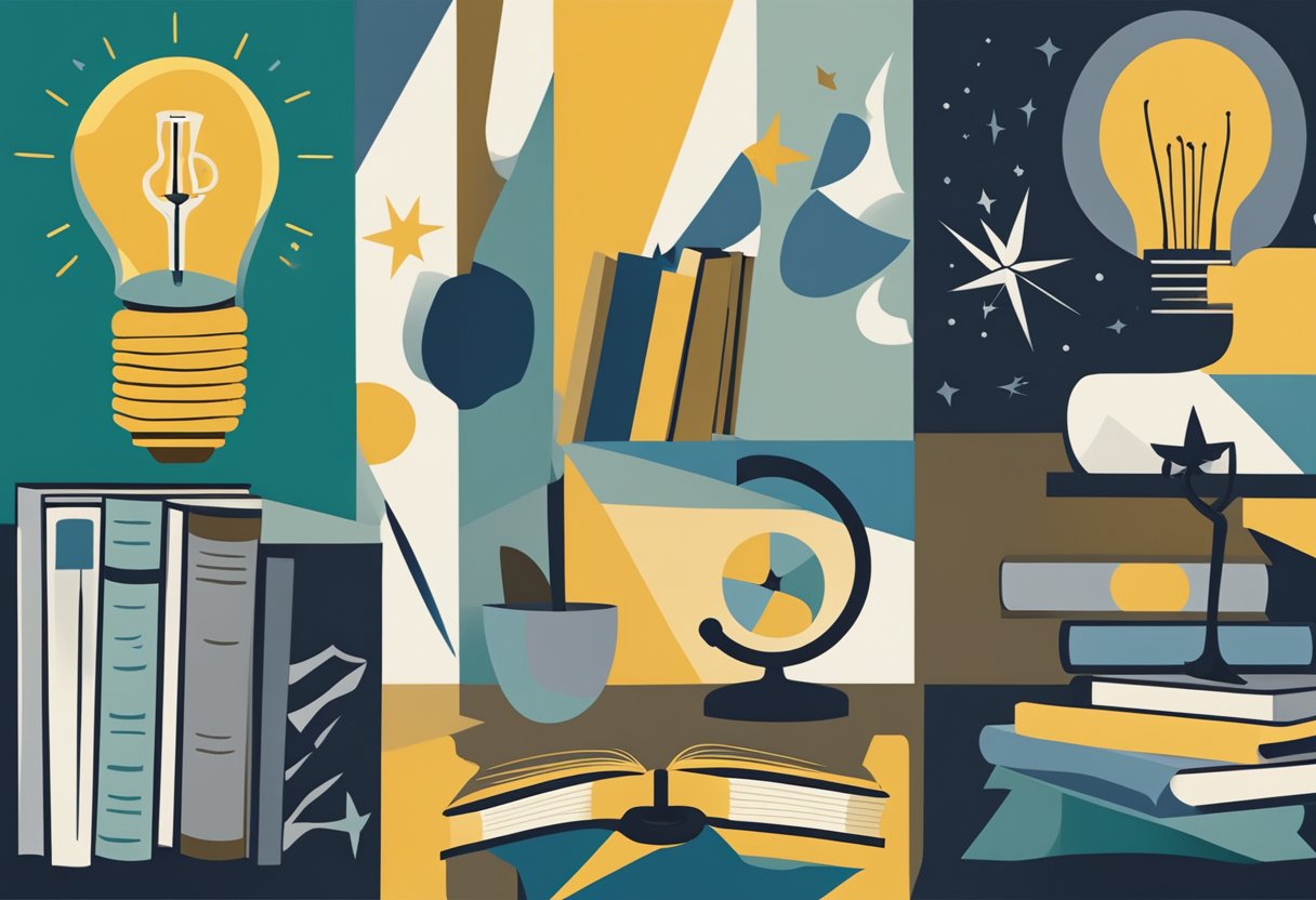 A collection of books, a glowing lightbulb, and a compass symbolize educational resources, inspiration, and guidance for cancer thrivers