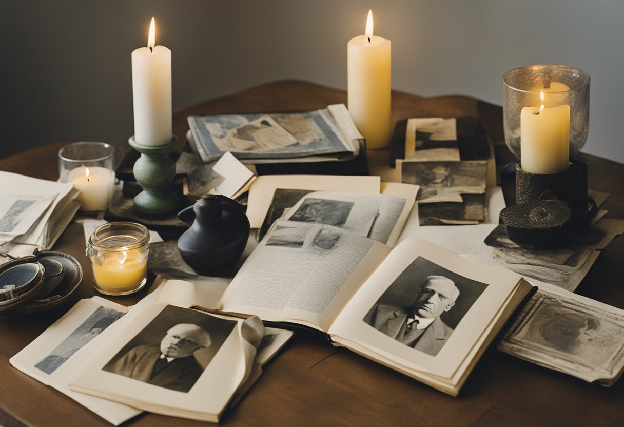 A table covered in photos, a journal, and a candle. A ribbon symbolizing hope and a heart-shaped locket. A peaceful, serene atmosphere