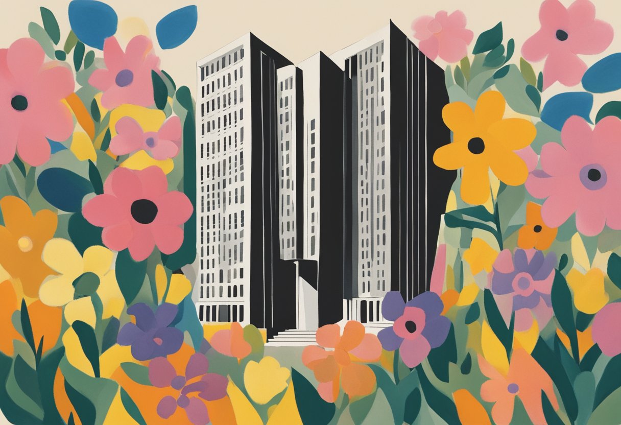 A towering building with a ribbon symbolizing cancer awareness, surrounded by vibrant flowers and a sense of strength and resilience