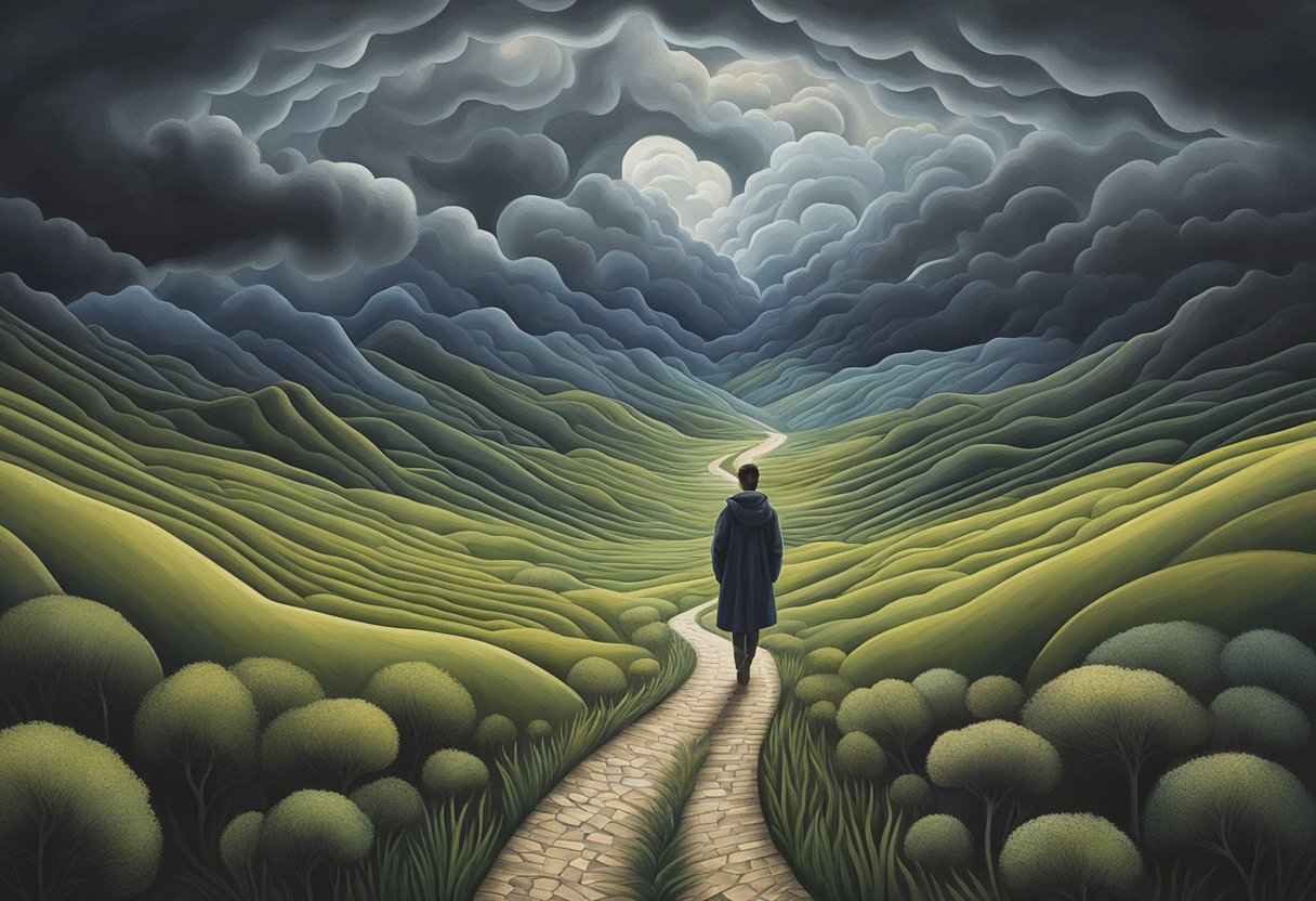 A figure stands on a winding path, surrounded by a mix of dark, stormy clouds and bright, hopeful skies. The landscape is filled with peaks and valleys, representing the emotional journey of overcoming cancer