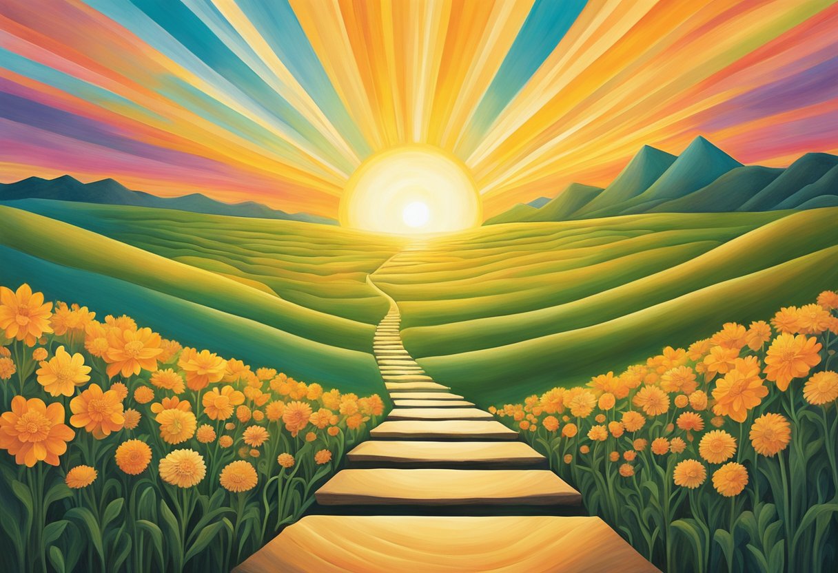 A vibrant sun rising over a serene landscape, with a clear path leading towards a glowing horizon. Symbols of strength and resilience, such as a blooming flower or a soaring bird, can also be included