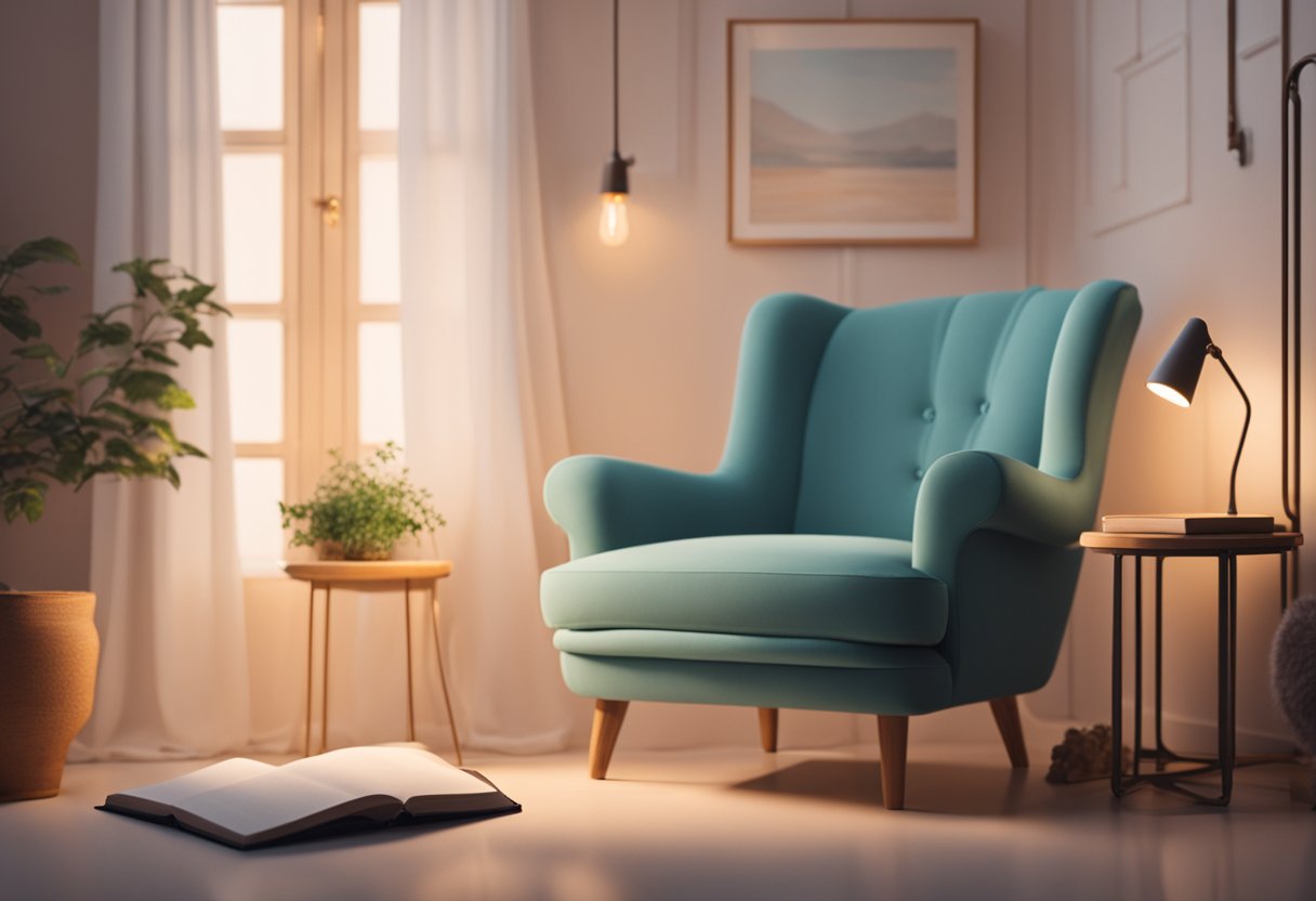 A serene setting with soft lighting, a cozy armchair, and a journal for self-reflection. A peaceful atmosphere with gentle reminders of hope and resilience