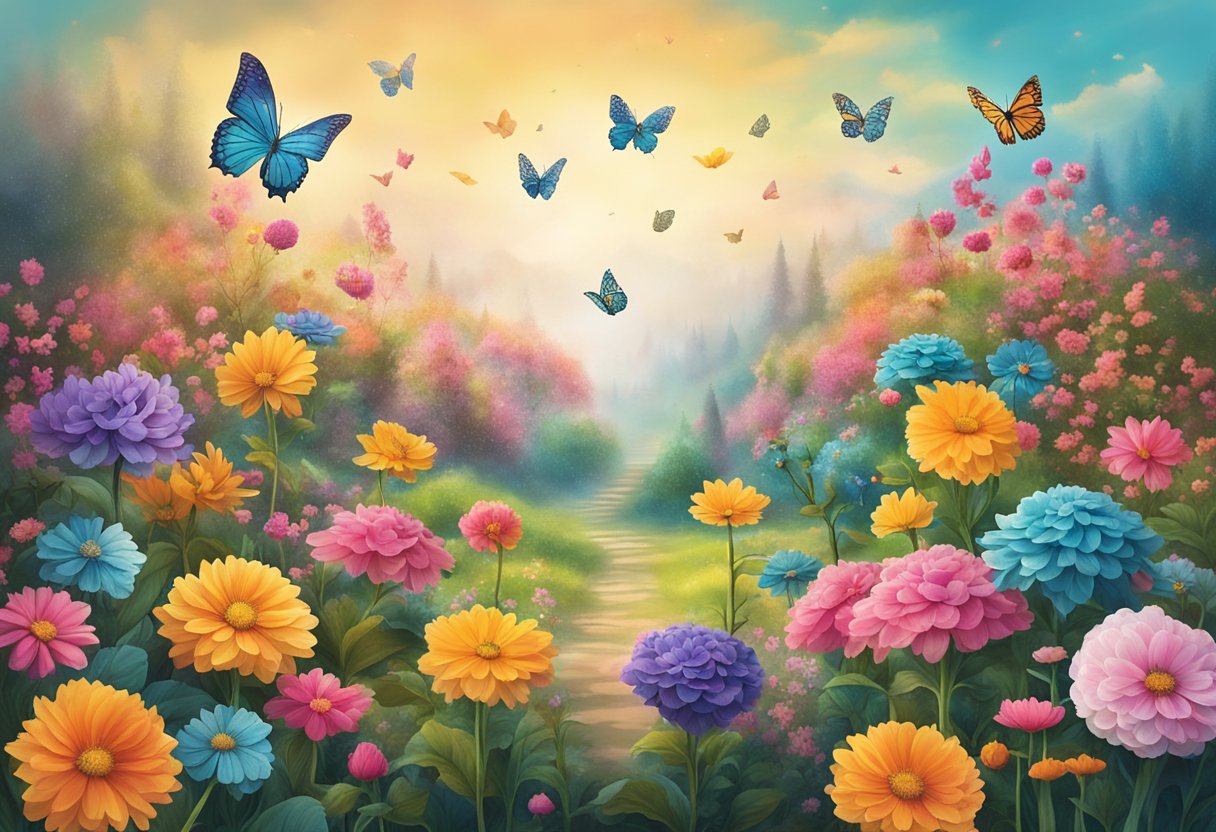A vibrant garden with blooming flowers and a butterfly hovering above, symbolizing joy and purpose post-cancer