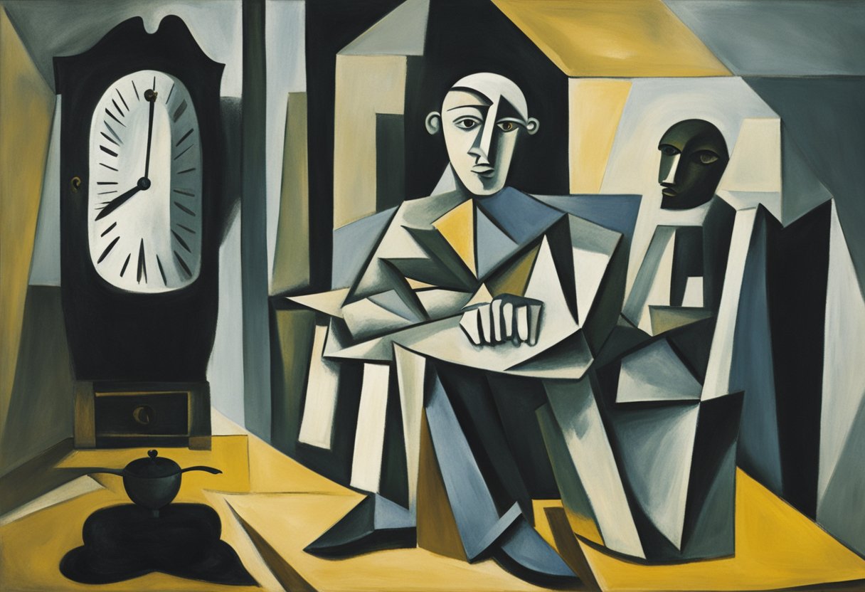 A clock being stolen by a shadowy figure, with a cancer ribbon symbolizing survivorship in the background