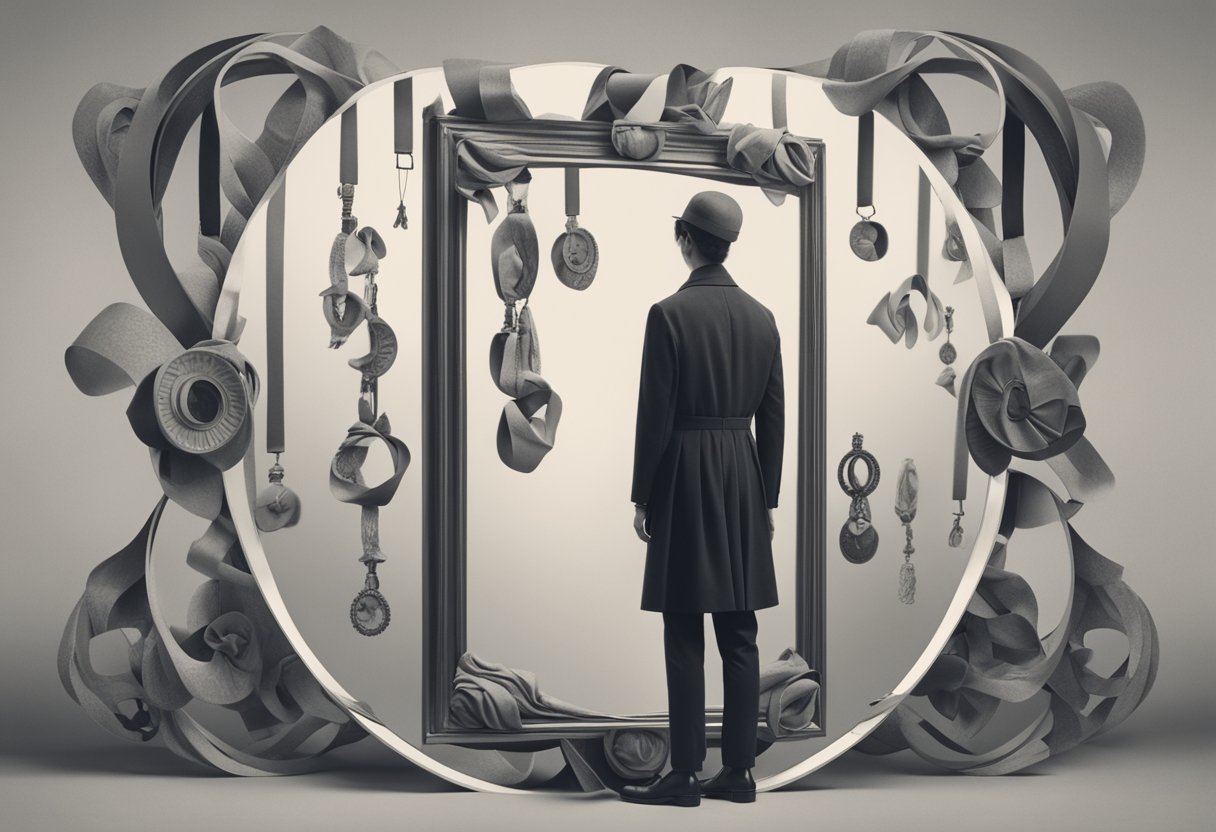 A person stands tall, surrounded by supportive symbols like a ribbon and a mirror reflecting strength and resilience