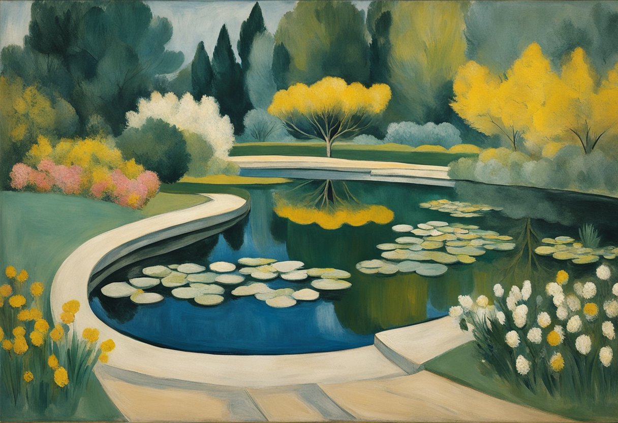 A serene garden with blooming flowers and a peaceful pond, symbolizing overcoming time and cancer, creating a sense of calm and hope