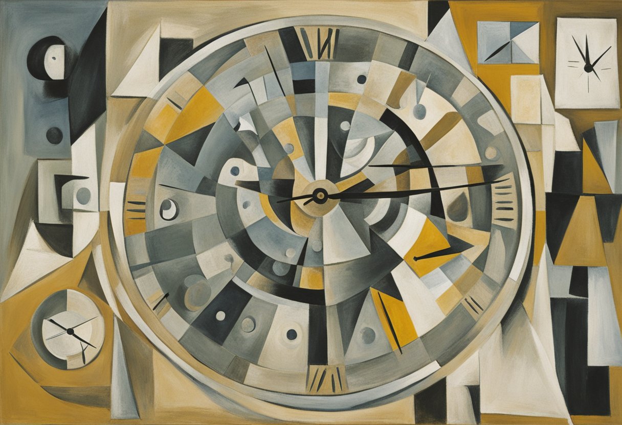A clock with hands frozen at 5 o'clock, surrounded by unfinished tasks and a calendar with past due dates
