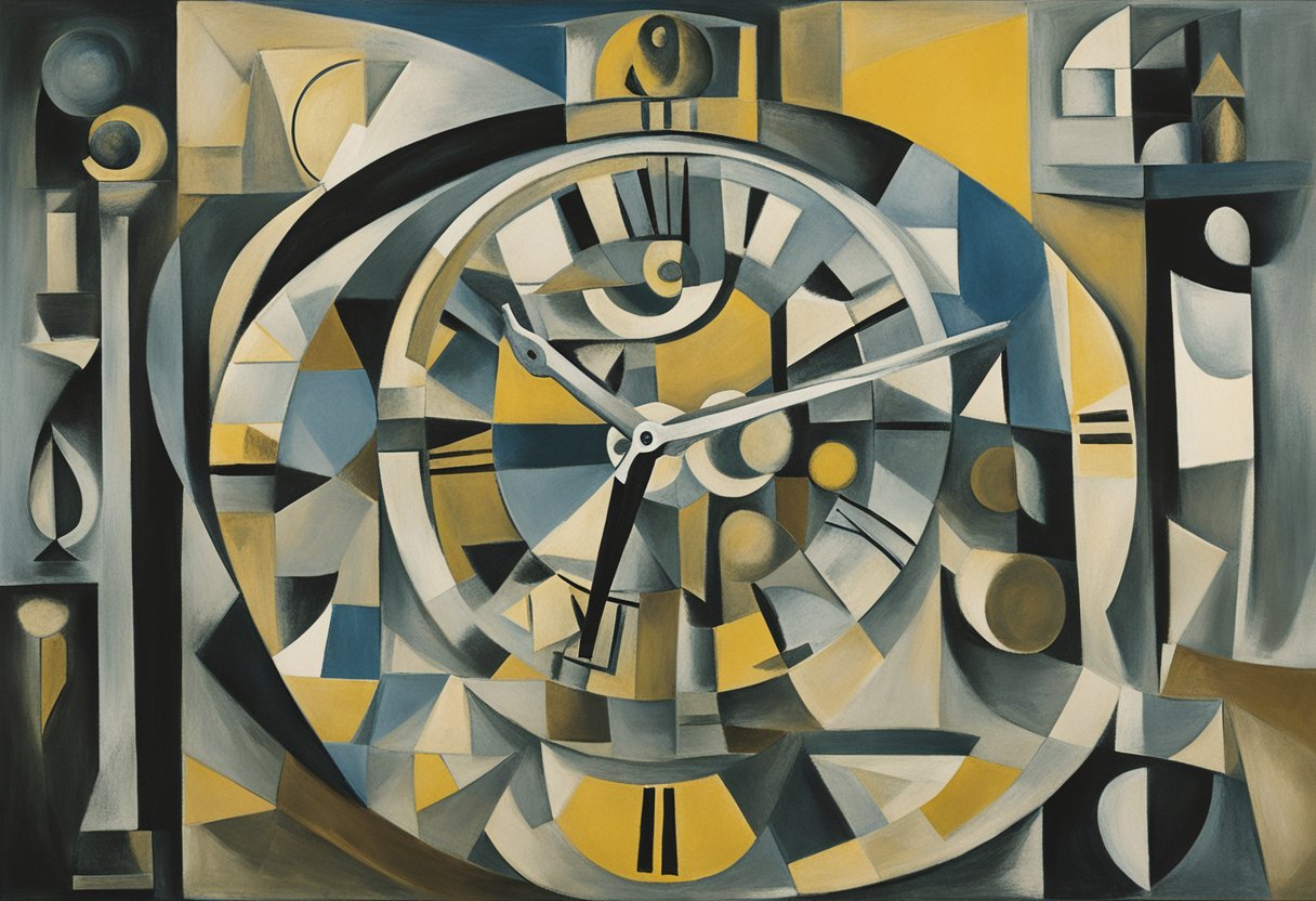 A clock with hands frozen at midnight, a calendar with days crossed off, and a winding path leading towards a bright horizon