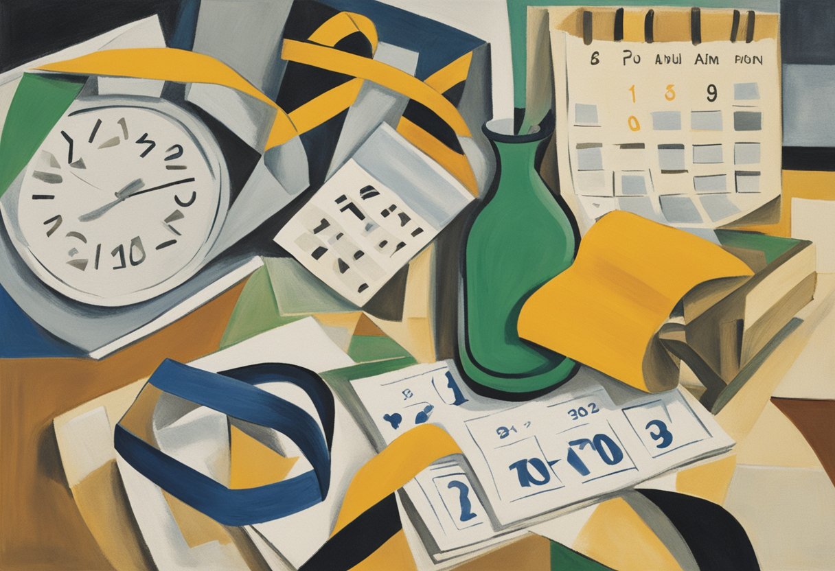 A timer ticking next to a cancer ribbon, surrounded by a calendar and a journal, symbolizing the Pomodoro Technique for cancer survivorship