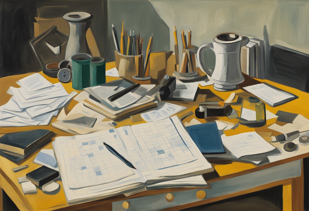 A cluttered desk with a timer set to 25 minutes, a notebook filled with progress logs, a stack of research papers, and a calendar marked with future doctor's appointments