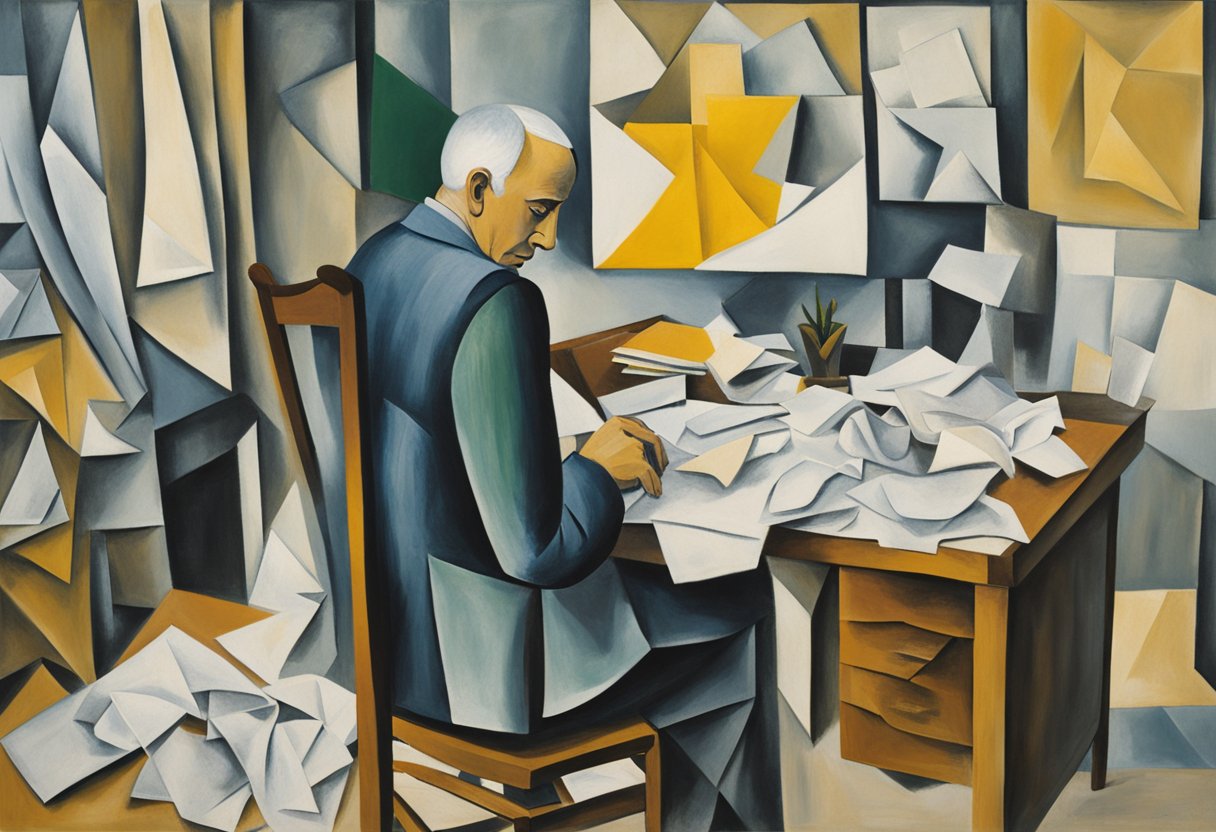 A cluttered desk with a ticking timer, scattered papers, and a crumpled tissue. A person's empty chair sits in front of the desk, symbolizing the stress and anxiety of a cancer survivor using the Pomodoro Technique