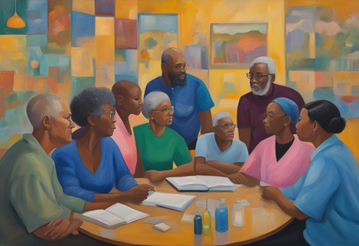 A diverse group discusses cancer and education, using various communication strategies