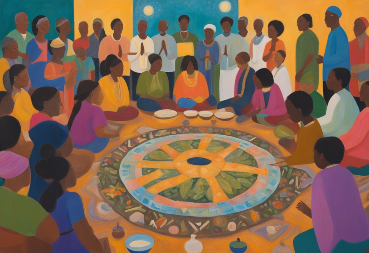 A diverse group of people gather around a traditional healing ceremony for cancer, incorporating various cultural practices and symbols