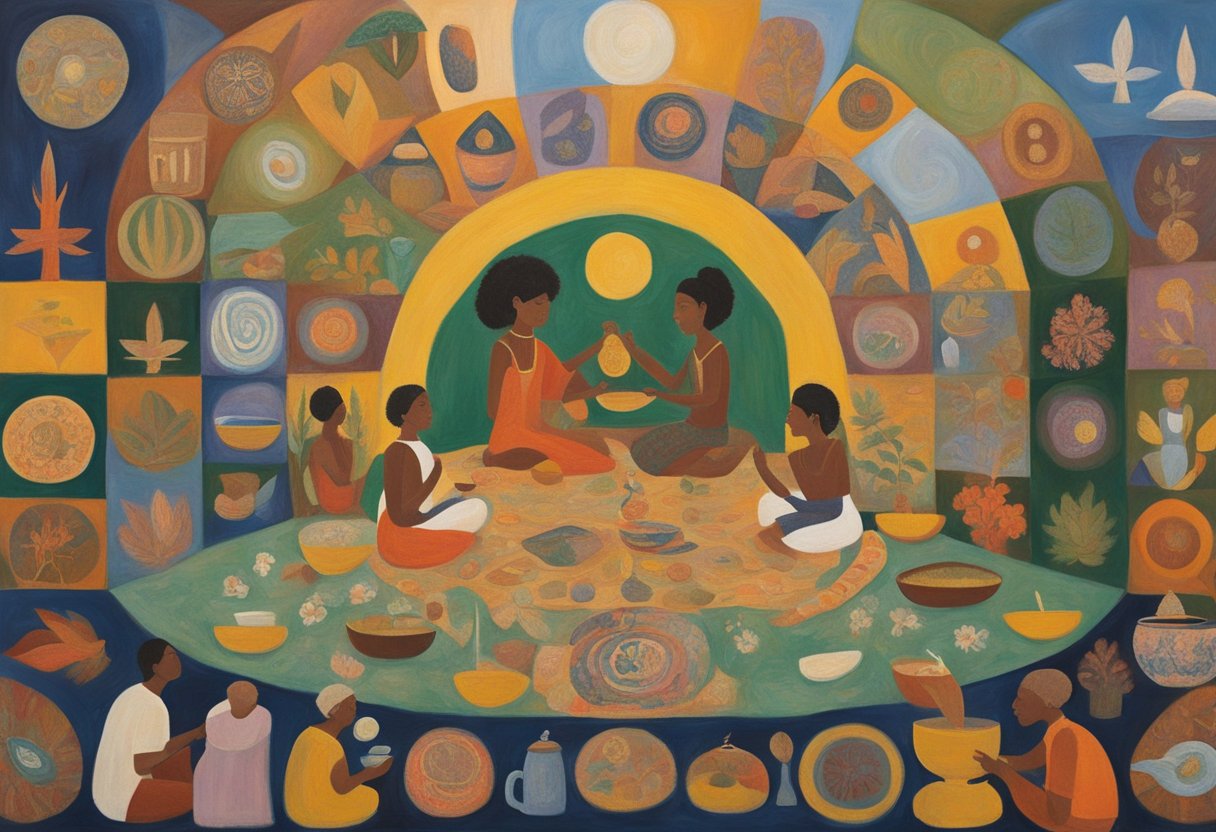 A diverse group of people engage in traditional healing practices for cancer, surrounded by symbols of cultural beliefs and rituals