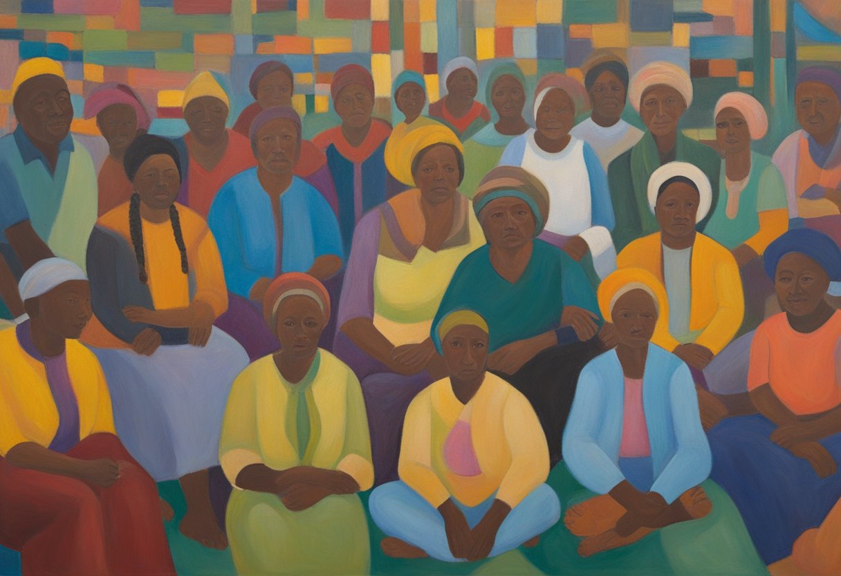 A diverse group of individuals engage in cultural practices to support cancer survivors, including traditional healing methods and communal gatherings