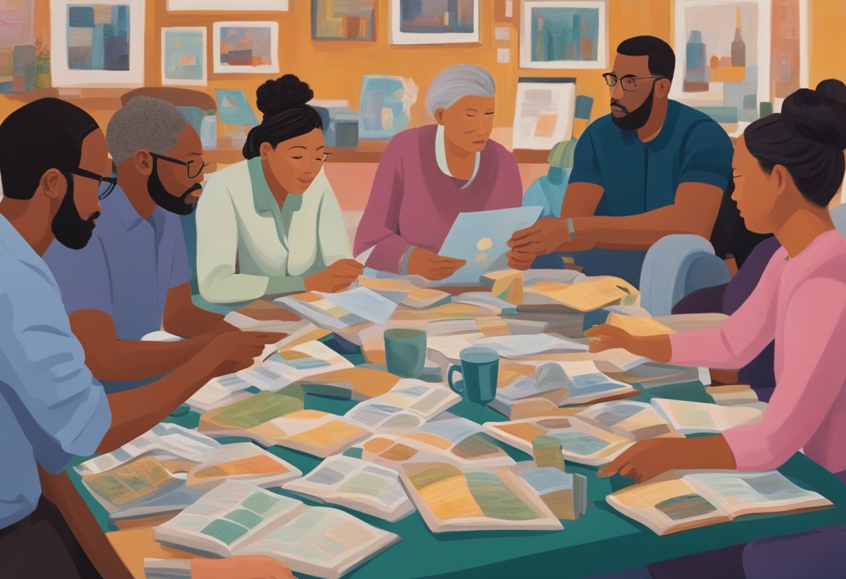 A group of diverse individuals discussing cancer prevention and treatment from various cultural viewpoints. Books and research papers are scattered on the table