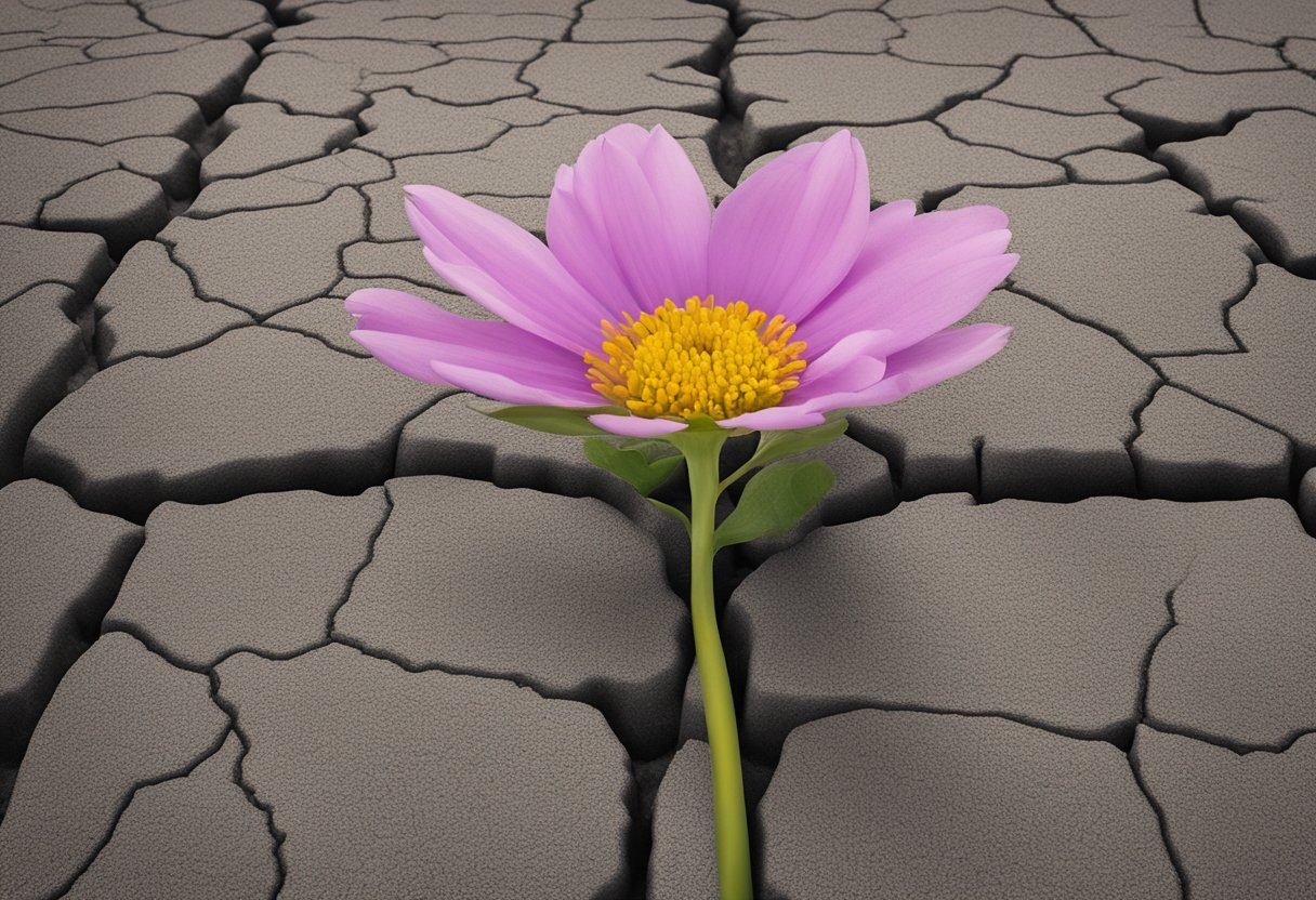 A blooming flower growing from a cracked pavement, symbolizing resilience and self-validation in cancer survivorship