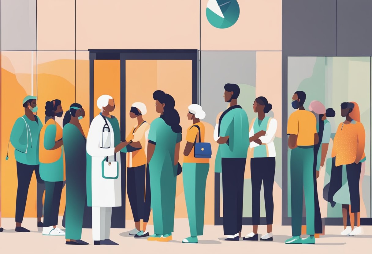 A diverse group of people waiting in line for cancer screening, with medical professionals guiding them through the process