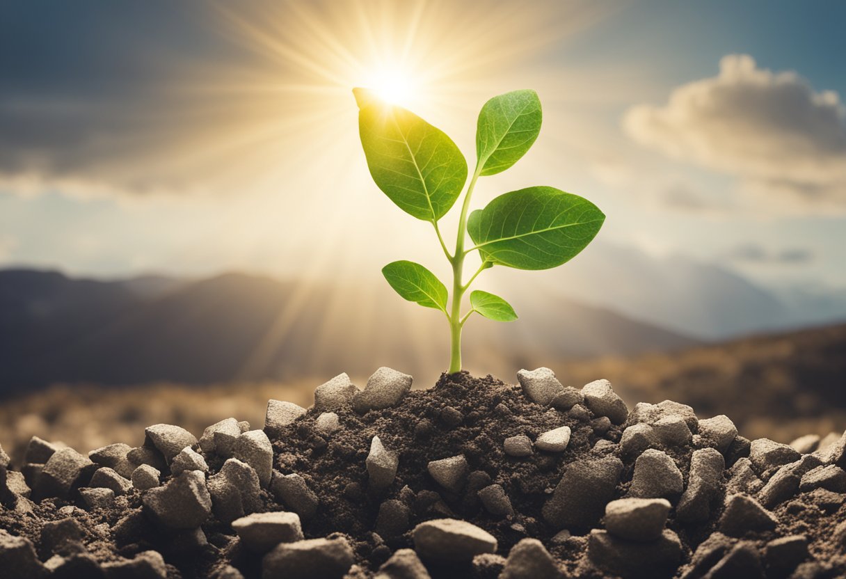 A seedling breaking through rocky soil, reaching towards sunlight, symbolizing personal growth through adversity