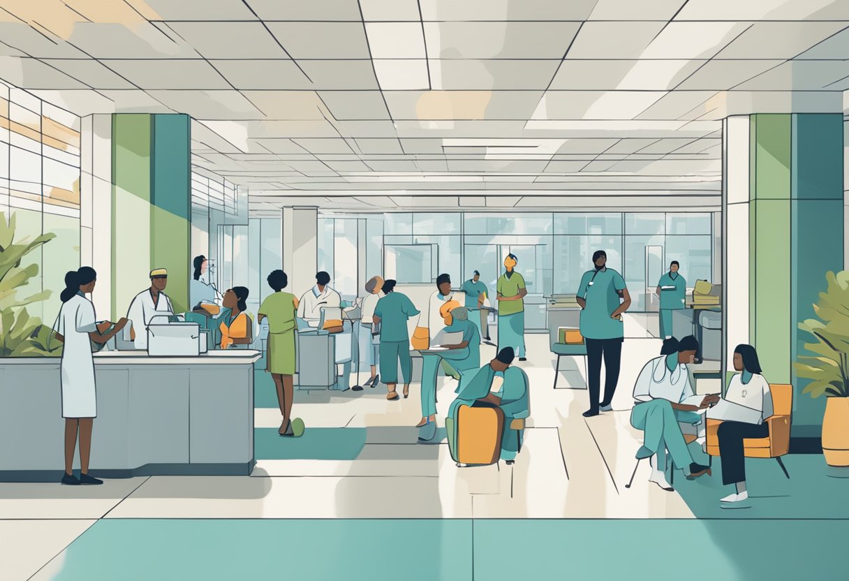 A bustling hospital lobby with people filling out forms, nurses calling patients, and doctors discussing screening program logistics