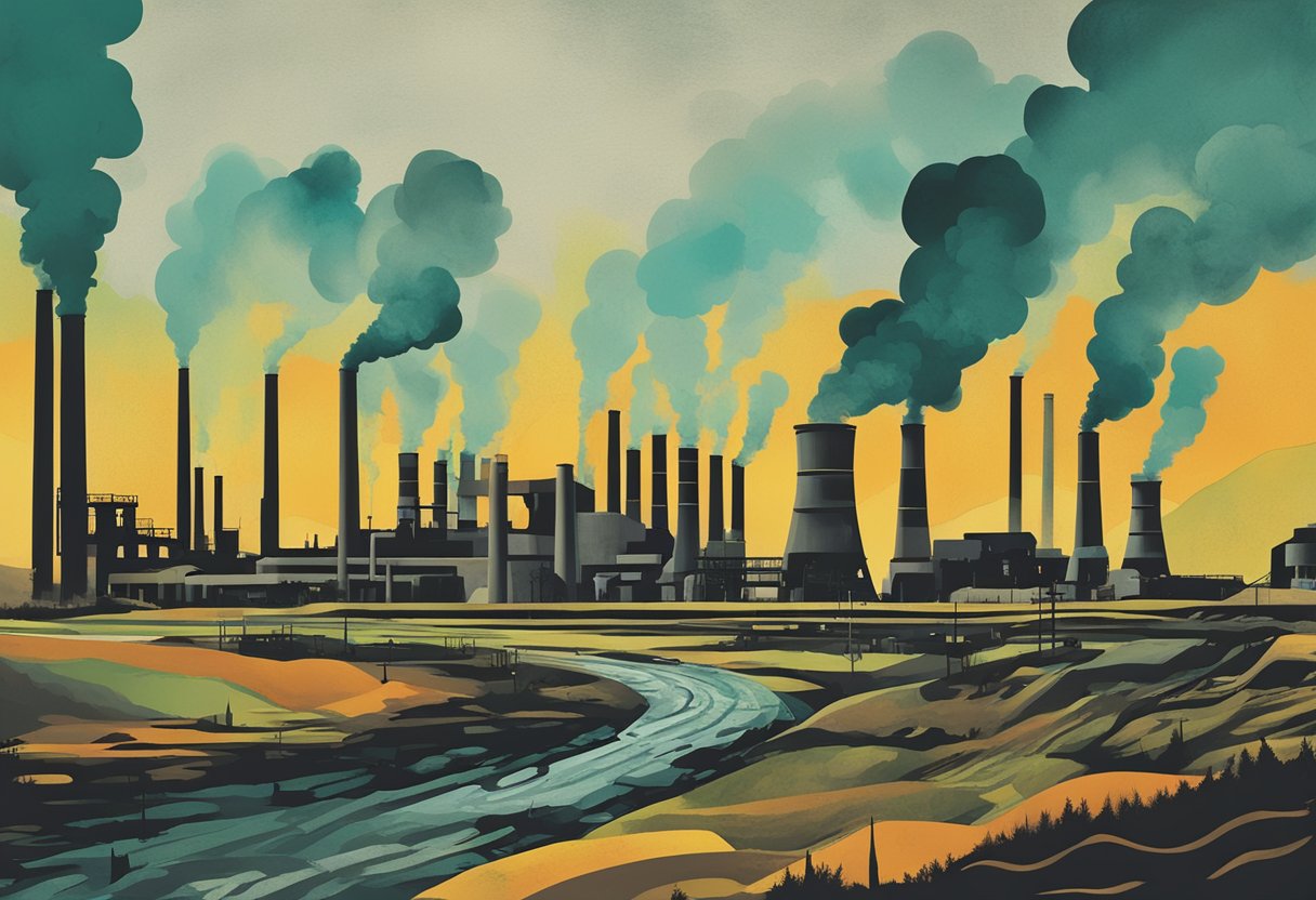 A polluted industrial site with smokestacks and toxic waste runoff