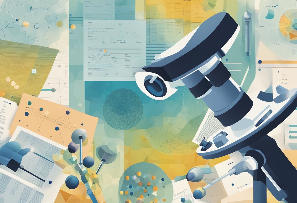A microscope with cancer cells under examination, surrounded by research papers and data charts