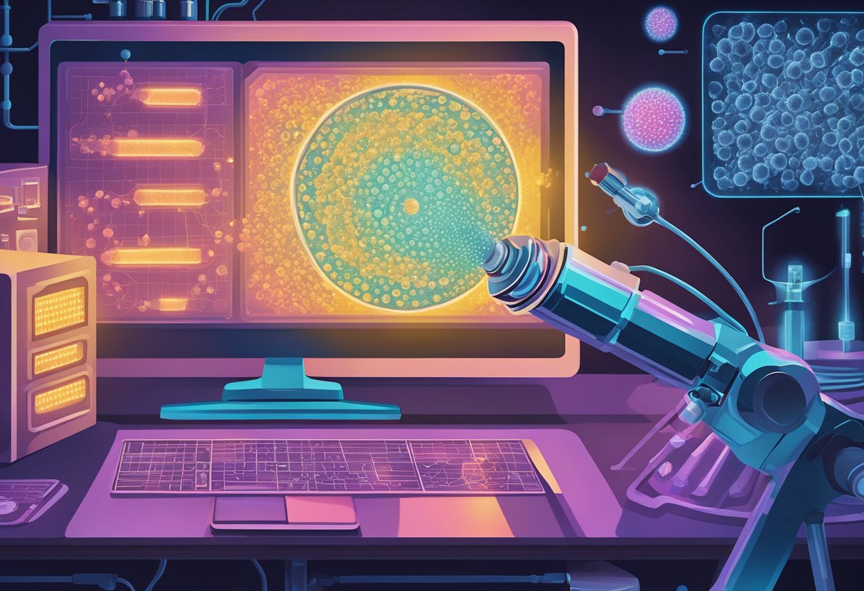 A microscope revealing cancer cells under a bright light. A doctor's hand pointing to a genetic mutation on a computer screen