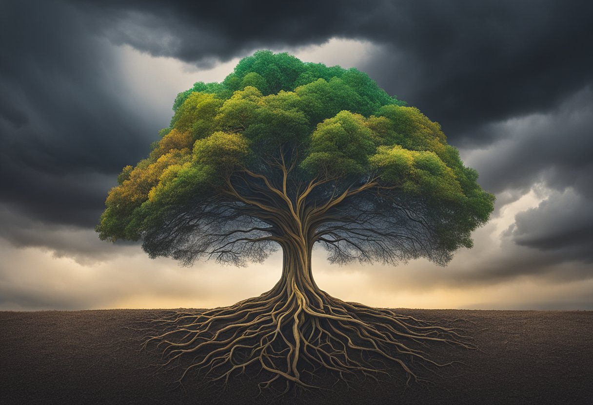 A vibrant tree stands tall, its roots deep in the ground. Surrounding it, dark storm clouds part to reveal a bright, hopeful sky