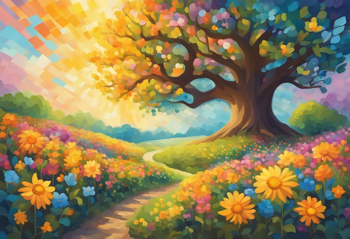 A radiant sun shining down on a blooming garden, with a strong oak tree standing tall amidst the vibrant flowers, symbolizing resilience and growth