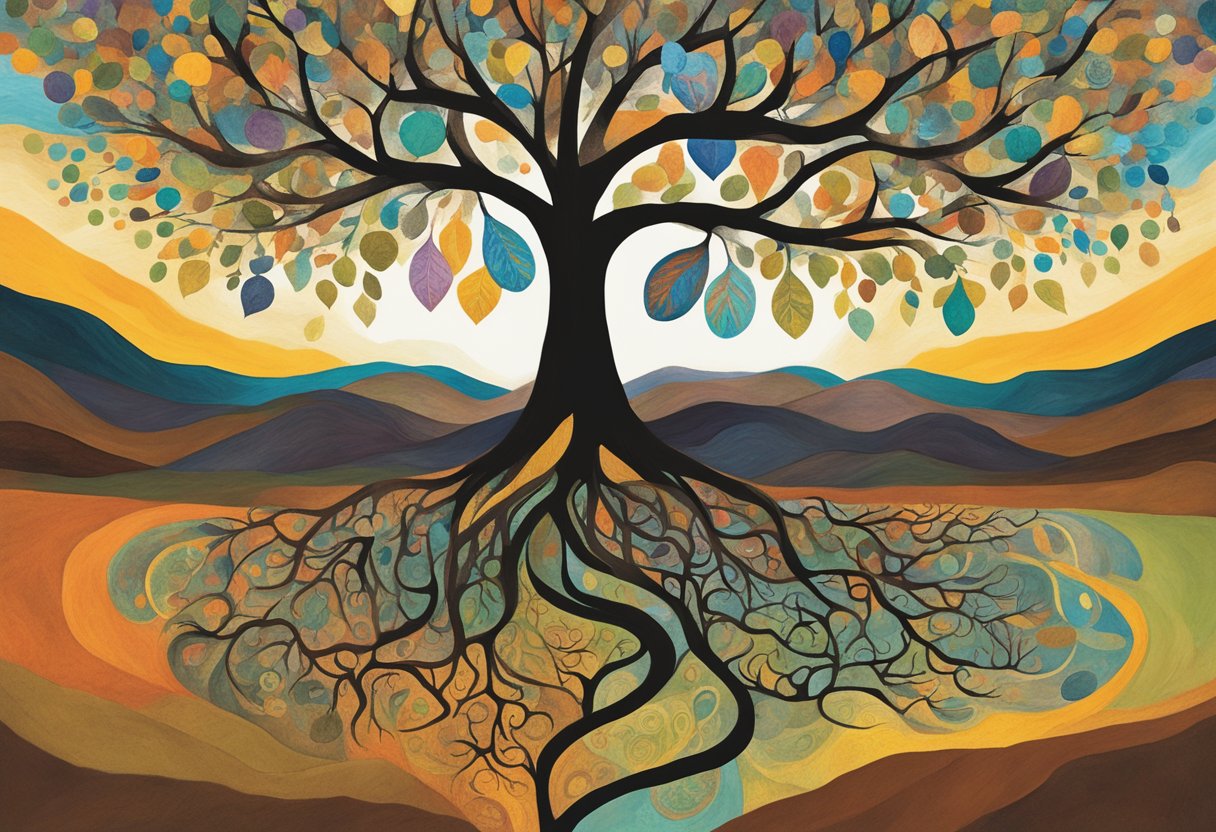 A vibrant tree with roots deep in the earth, branches reaching towards the sky, surrounded by symbols of strength and hope