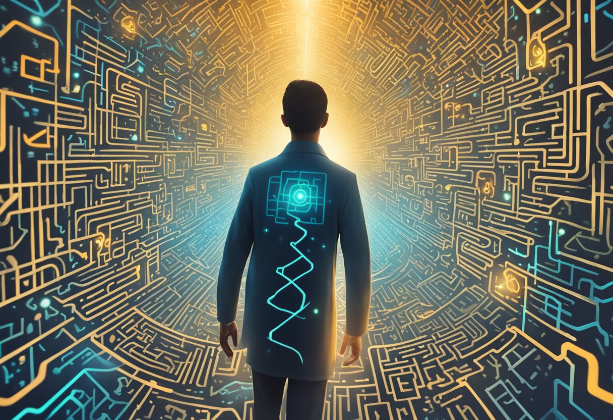 A person confidently navigating through a maze of medical symbols and obstacles, surrounded by a glowing aura of determination and strength