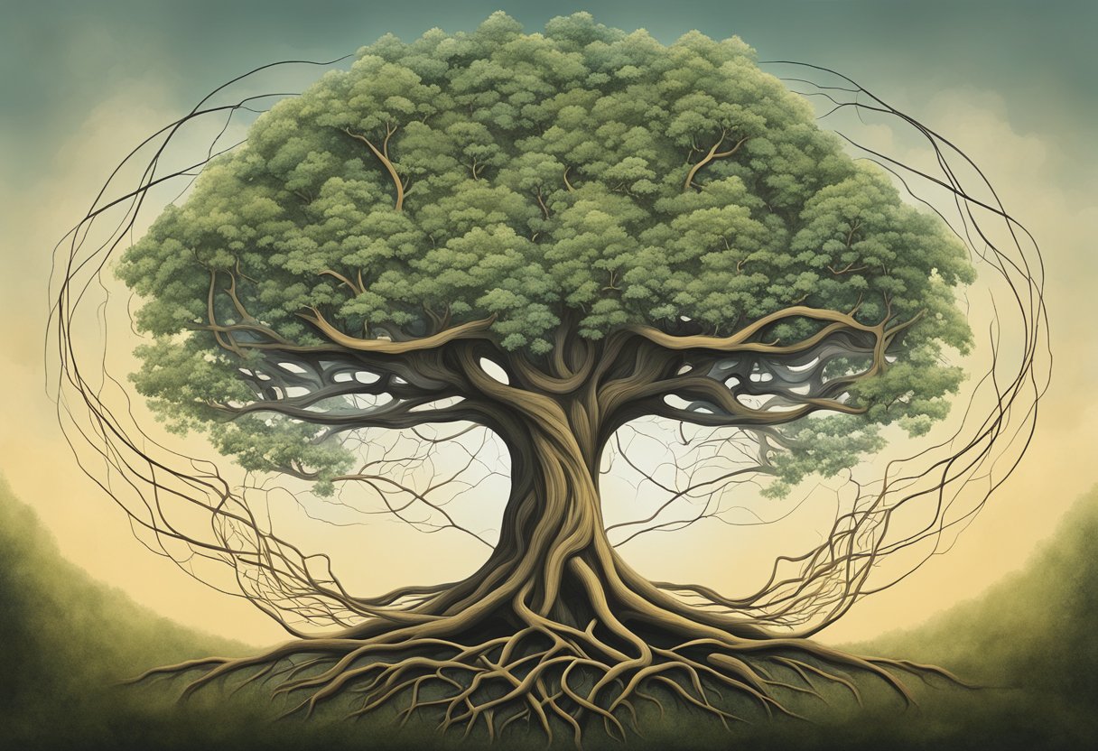 A sturdy tree with deep roots, surrounded by a network of interconnected vines and branches, symbolizing a powerful belief system for a cancer thriver