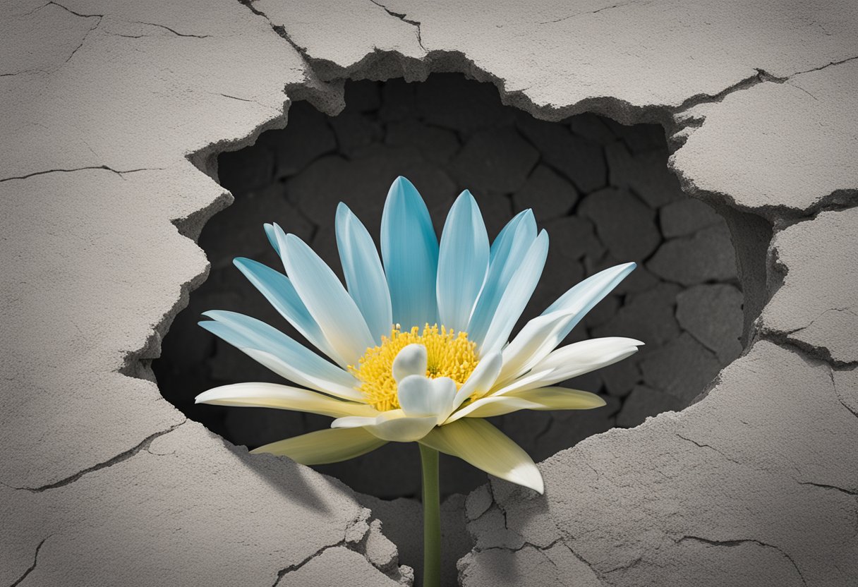 A blooming flower breaking through the concrete, symbolizing personal growth and resilience in the face of cancer