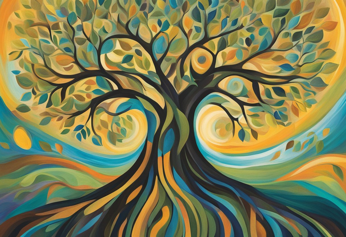 A vibrant tree with intertwining roots and branches, surrounded by radiant light and symbols of strength and resilience