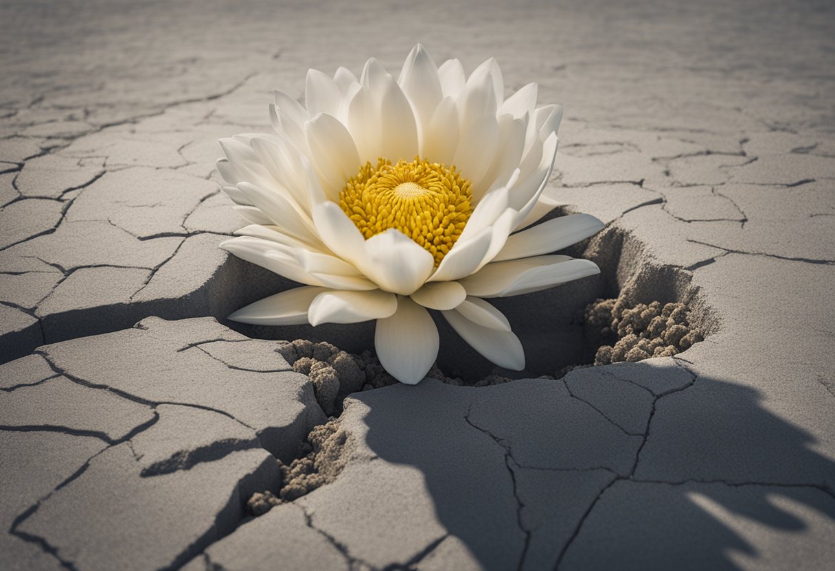 A blooming flower breaking through concrete, symbolizing resilience and triumph over adversity