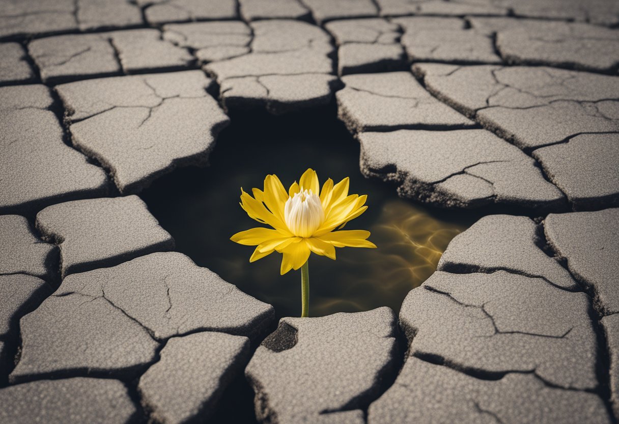 A blooming flower emerging from a cracked pavement, symbolizing resilience and growth after overcoming cancer