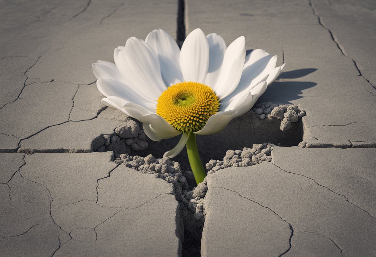 A blooming flower breaking through concrete, symbolizing empowerment and growth